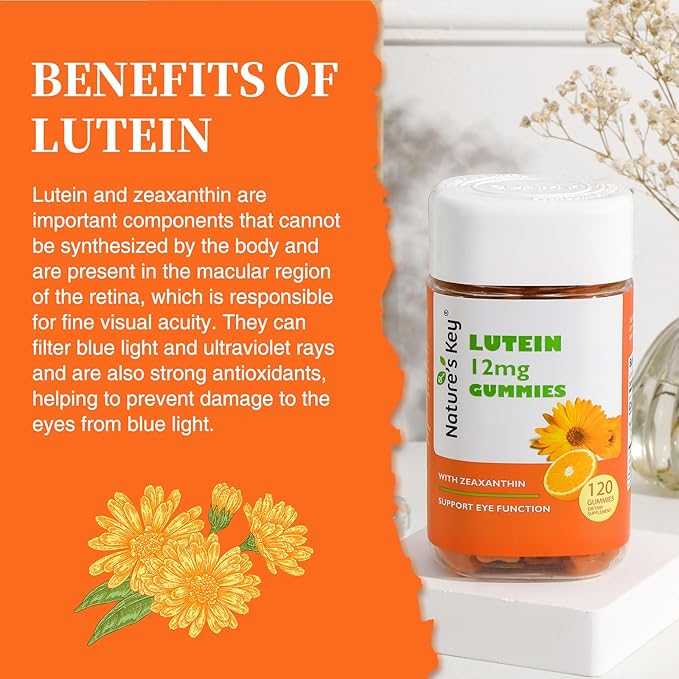 Nature's Key Lutein Gummies 12mg with Zeaxanthin & Vitamin A for Kids and Adults | Eye Health and Brain Function Supplement | Orange Flavor, 120Ct (Pack of 2)