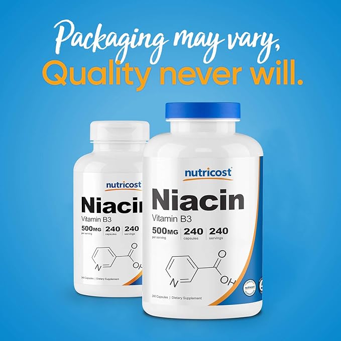 Nutricost Niacin (Vitamin B3) 500mg, 240 Capsules (3 Bottles) - Niacin Flush