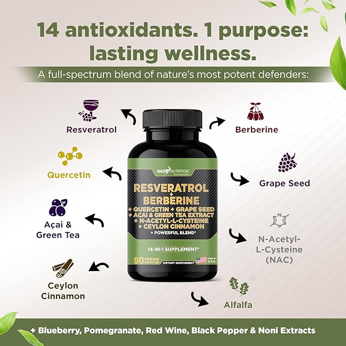 Gade Nutrition Resveratrol Berberine Quercetin Grape Seed Extract Green Tea Extract N-Acetyl Cysteine - 14 in 1 Complex Supplement for Women & Men with Potent Antioxidants - Made in USA
