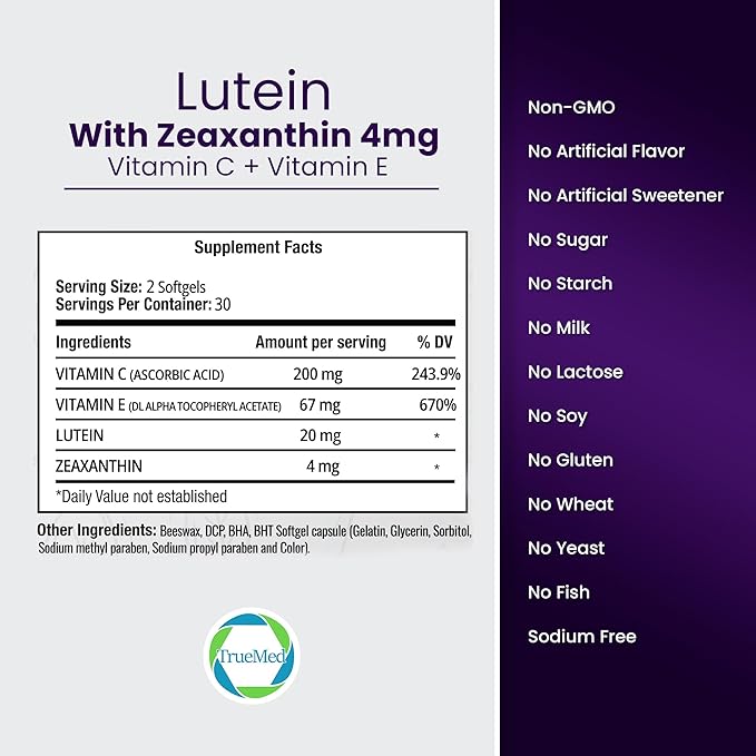 Lutein Vitamin C + Vitamin E – 20mg Lutein with 4mg Zeaxanthin – Eye Health Support – Blue Light & UV Protection – Supports Macular & Retinal Function – 60 Softgels – USA Made – GMP Certified