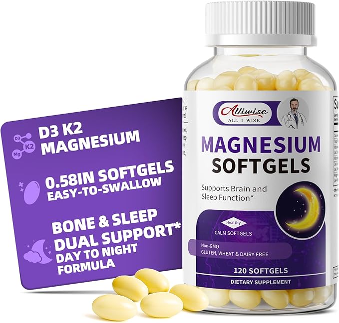 Magnesium Glycinate 400mg Softgels, Small Easy to Swallow High Absorption Magnesium Supplement, with Vitamin D3 & K2 for Sleep Relax Calm Muscle Bone* Health, 120 Gelcaps
