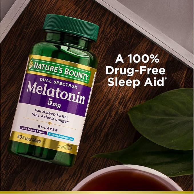 Nature's Bounty Melatonin 5mg Dual Spectrum, 100% Drug Free Sleep Supplement, Quick Release and Extended Release, Promotes Relaxation and Sleep Health, 60 Bi-Layer Tablets (Pack of 2)