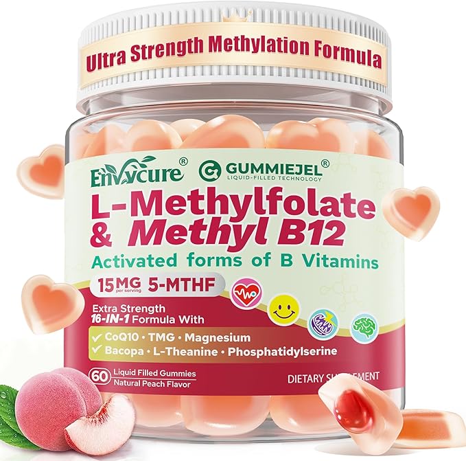 L-Methylfolate 15mg & 2,000 mcg Methyl B12 Gummies, Extra Strength Methylation Support for Women and Men, Active 5-MTHF with CoQ10, Magnesium, TMG, L-Theanine, B1 B2 B6 B9 for Cognitive, Energy,60Cts