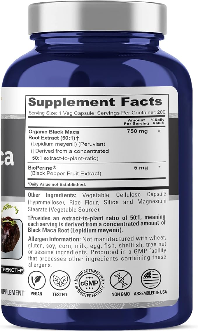 NusaPure Peruvian Black Maca Root, 750 mg, 200 Veg Capsules ((Non-GMO, Vegan)