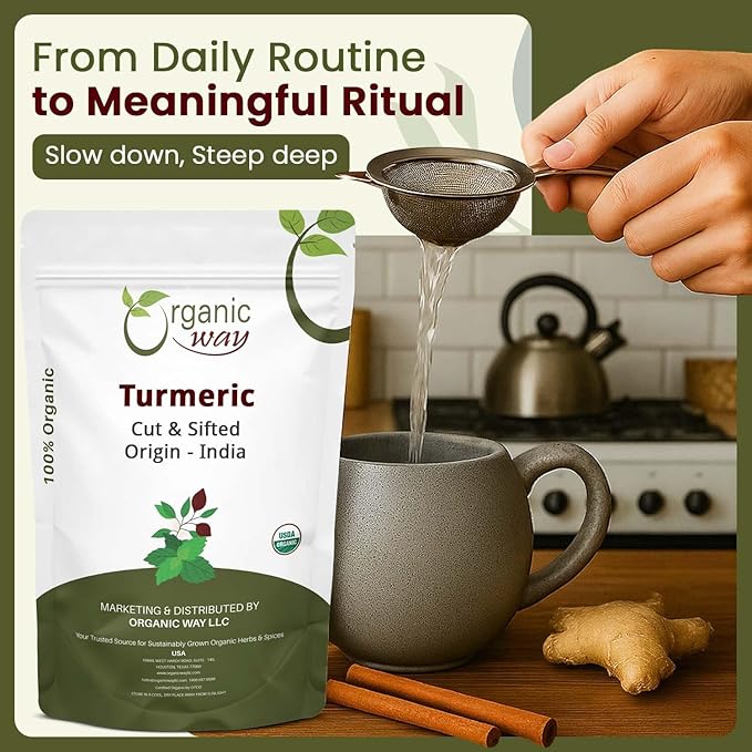 Organic Way Turmeric Root Cut & Sifted (Curcuma Longa) - Herbal Tea | Kosher & USDA Certified | Vegan, Non-GMO & Gluten Free | Tested for Heavy Metal and Purity | 100% Raw from India (1/2LBS / 8Oz.)