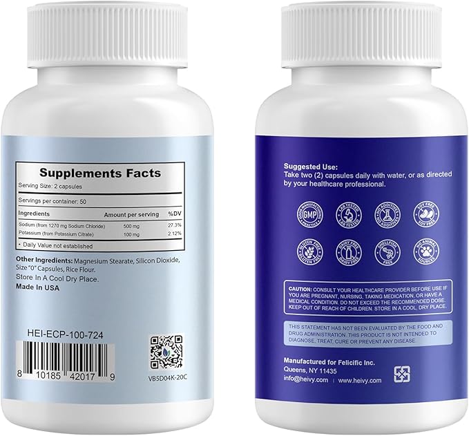 Heivy Electrolyte Capsules, High Sodium Salt Tablets (500mg Sodium &100mg Potassium), Salt Pills for POTS, Running, Keto, Electrolytes for Hydration Supplement - 100 Count (Size 0) - Made in USA