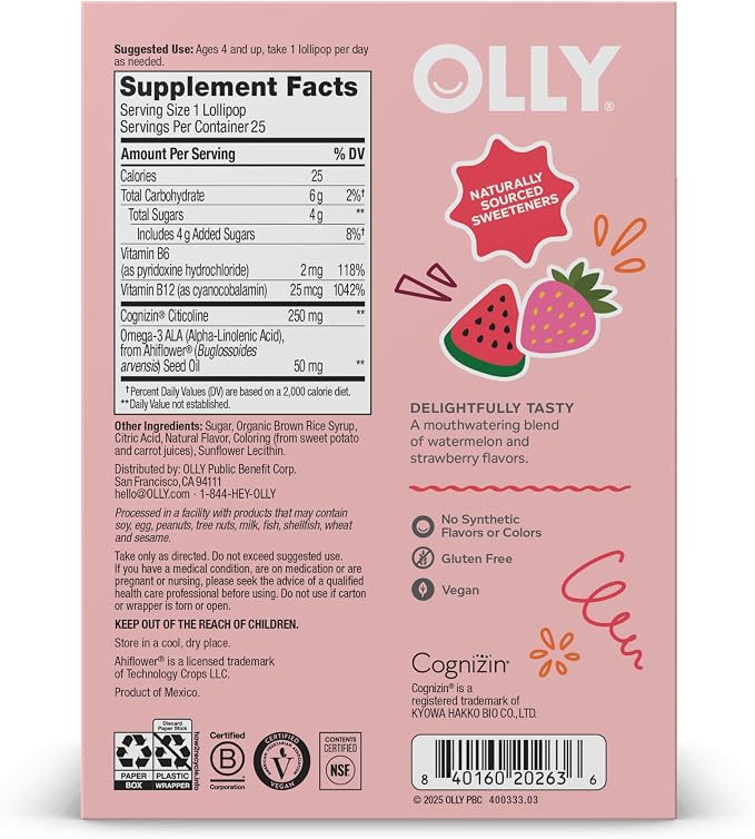 OLLY Focus Buddies L’OLLY Pops, Cognizin, Vitamins B6 and B12, Omega-3 ALA, Supports Focused Attention and Healthy Brain Function,* Kids 4+ Dietary Supplement, Watermelon Strawberry Flavored, 25 Count