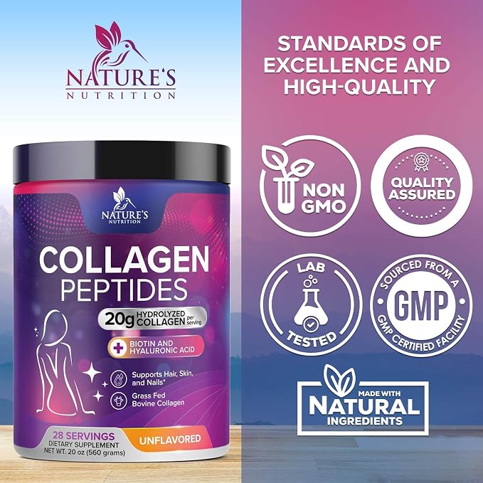 Collagen Peptides Powder - Hydrolyzed Type 1 & 3 Collagen Peptides 20g per Serving with Hyaluronic Acid & Biotin - Vital Nail, Skin & Joint Support - No Sugar, Unflavored, Bottled in USA - 28 Servings