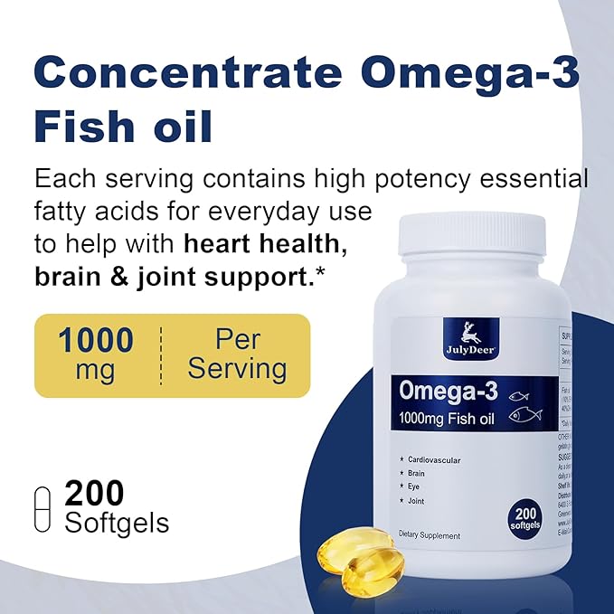 2 Bottles of Omega 3 Fish Oil Concentrate Supplement 1000 mg, with EPA and DHA, Support Heart, Joint, Brain, and Eye Health, 400 Softgels