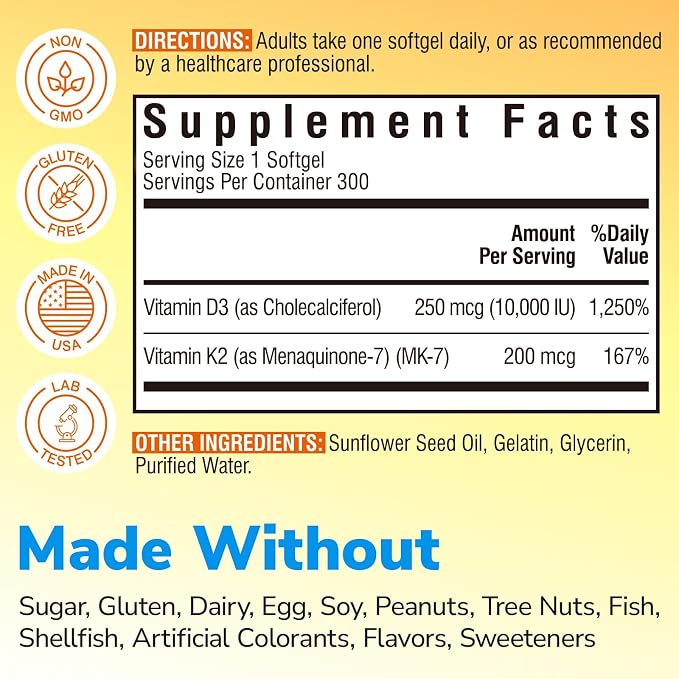 Vitalibre Vitamin D3 K2 Supplement, 10000 IU D3 / 200 mcg K2 MK7, Calcium Absorption, Bone, Heart, Immune & Mood Support, Enhanced Absorption, No Soy, Easy to Swallow, 300 Softgels
