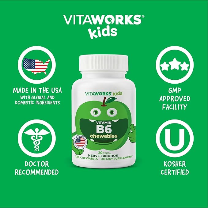 Kids Vitamin B6 Chewable Tablets - 20mg - Great Tasting Green Apple Flavor - Vegan, Non-GMO, Gluten Free, Kosher Vit B6 (Pyridoxine) - Supports Energy & Brain Function - 120 Chewable Tablets