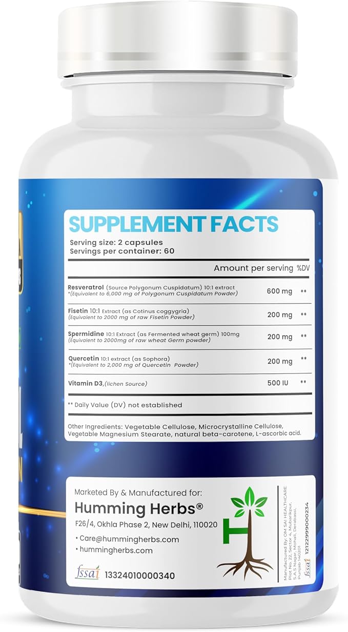 Humming Herbs Resveratrol Supplement— with Quercetin, Fisetin, Spermidine & Vitamin D3 — Antioxidant Support for Healthy Cellular Function - 1200 mg, 120 Vegan Capsules Non-GMO, Gluten-Free