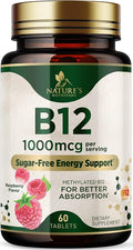 Vitamin B12 - 1000 mcg Per Serving Maximum Strength Methylcobalamin B-12 Chewable Tablet - Energy, Nervous System & Brain Support - Fast Dissolve, Gluten-Free, Non-GMO for Women & Men - 60 Tablets