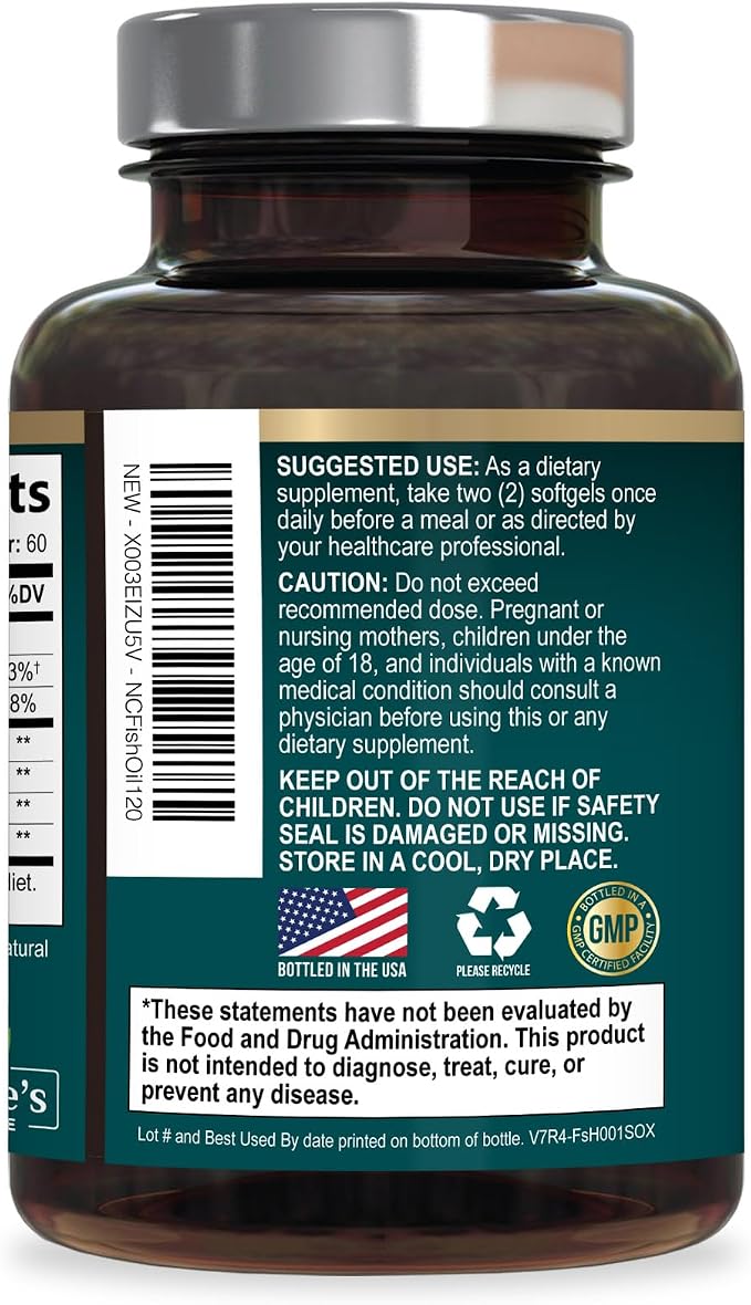 Omega 3 Fish Oil Supplements - 2400mg Fish Oil Per Serving - Triple Strength Omega-3 with Fatty Acids EPA & DHA - Natural Heart, Brain & Immune Support - Wild Caught, Bottled in USA - 120 Softgels