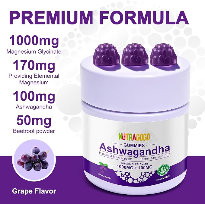 Ashwagandha Gummies & Vitamin D3 Gummies Organic Aswangdha Supplement for Improve Sleep, Stress Relief & Mood Calm (Grape Berry,Non-GMO, Gluten-Free & Sugar Free)-2 Pack