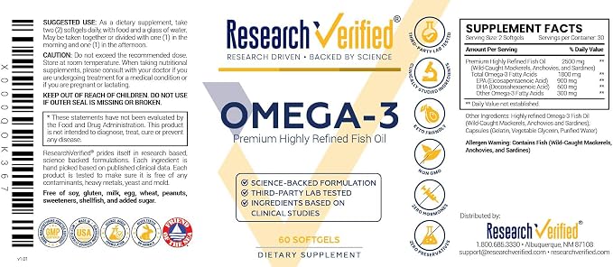 Research Verified® Omega-3 MD - Fish Oil - 60 Softgels - 1 Month Supply