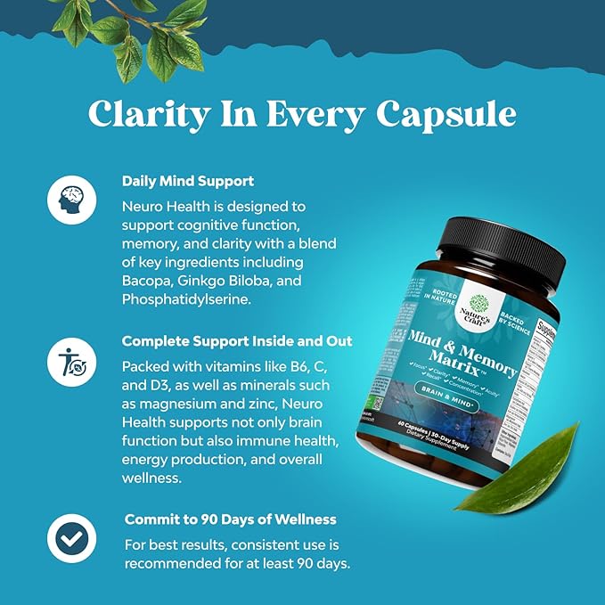 Nootropic Brain Supplement for Memory and Focus Enhancement - Vitamins for Mental Health & Clarity with VIT A, B6, Riboflavin, Niacin, Thiamin & Folate - Cognitive Complex for Mind Vitality - 60 Ct