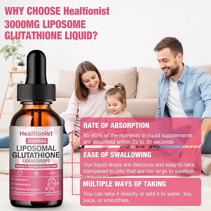 1 Pack 3000mg Liposomal Glutathione Liquid Drops with Vitamin C, 98% Absorption, Glutathione Liposomal Supplement, Powerful Antioxidant Complex for Immune System, Liver, 2 Fl Oz per Bottle