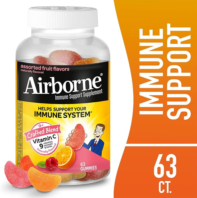 Airborne 750mg Vitamin C Immune Support Supplement Gummies for Adults, Assorted Fruit Flavor, Gluten Free Crafted Blend with Powerful Antioxidants Vitamins A C & E, 63 Gummies (3 Pack)