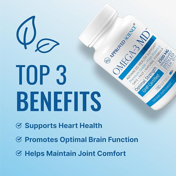 Omega-3 MD - EPA & DHA Supplement - 2500mg Omega 3 Fish Oil for Heart Health, Brain Support, Joint Comfort, & Overall Wellness - 1 Bottle - 3 Month Supply
