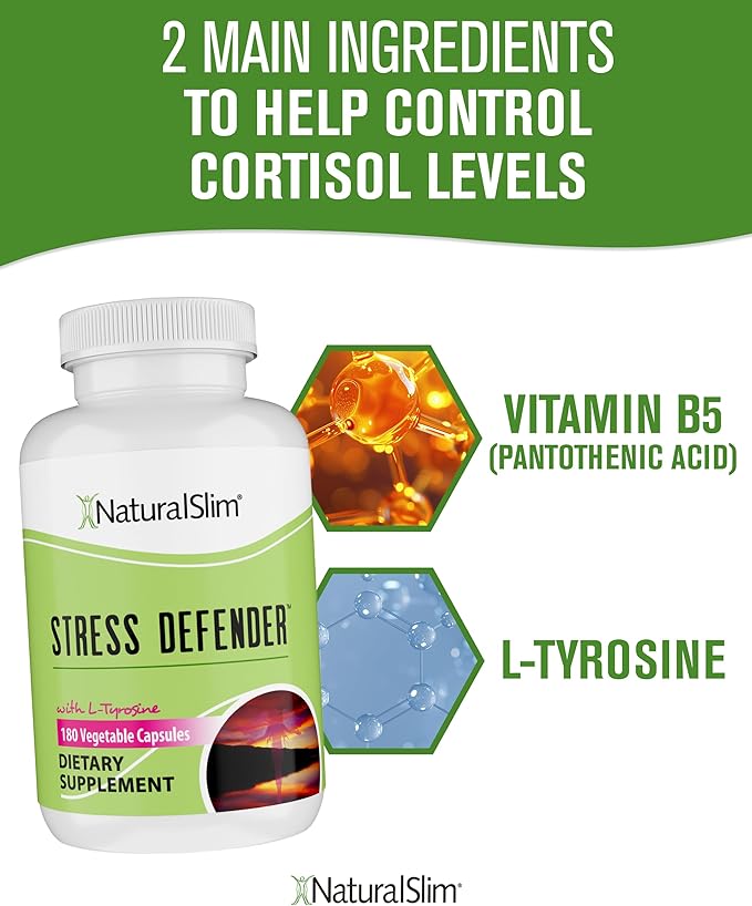 NaturalSlim Stress Relief Supplement - Stress Defender, High Cortisol Reducer, Control Cravings, Sleep & Metabolism Support with Vitamin B5 Pantothenic Acid & L Tyrosine 180 Vegetable Capsules 2 Pack