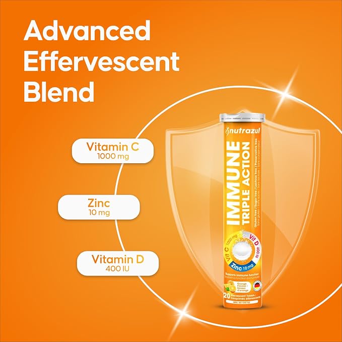 nutrazul Immune Triple Action Effervescent Tablets with Vitamin C 1000mg, Vitamin D, Zinc, Support Daily Routine, Gluten-Free, Sugar-Free, Lactose-Free, Orange Flavor, 20 Tablets (Pack of 5x20)