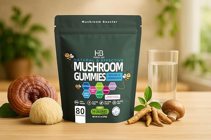 Organic Ashwagandha & Lions Mane Mushroom Gummies - Reishi, Cordyceps, Turkey Tail, Maitake, Shitake & Chaga, Immune Support & defense, Brain Boost, Vegan, All-in-One Superfood supplement | 80 gummies