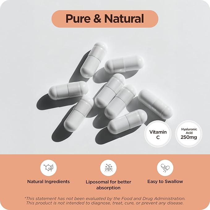 Pure Hyaluronic Acid Supplement 250mg with Vitamin C 50mg, 120 Vegan Capsules - Skin Hydration for Natural Glow, Hair, Nails, Bone & Joint Health Formula