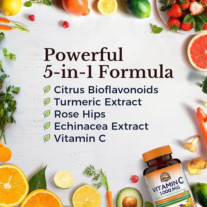 Vitalitown Vitamin C Complex 1000mg with Rose HIPS, Bioflavonoids, Turmeric & Echinacea, Daily Immune Support, Collagen Booster & Powerful Antioxidant, Vegan, 180 Tablets