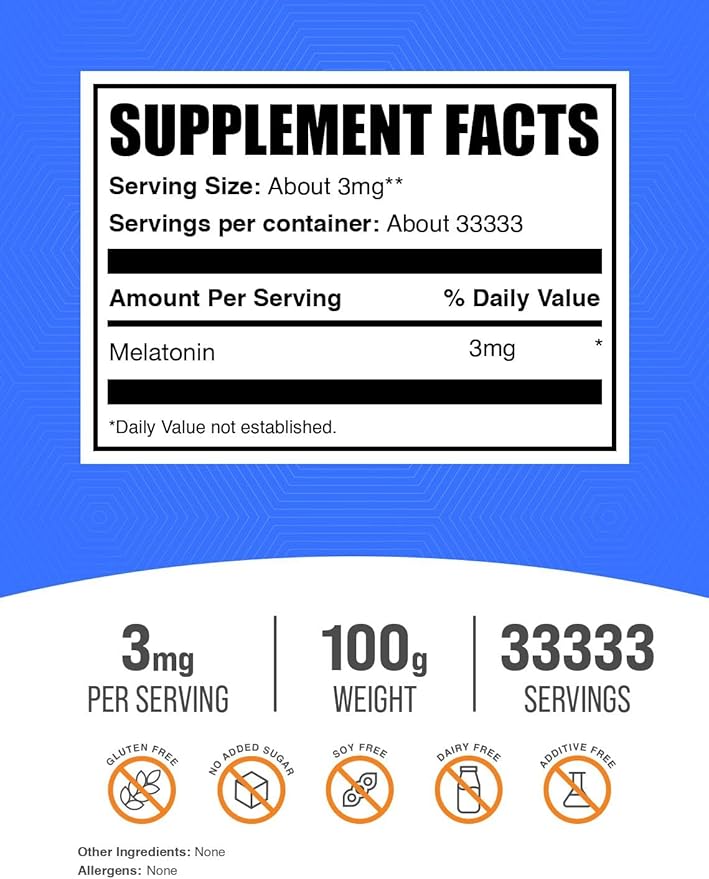 BulkSupplements.com Melatonin Powder - Pure Melatonin, Sleep Aid for Adults - Vegan & Gluten Free, 3mg per Serving, 100g (3.5 oz) (Pack of 1)