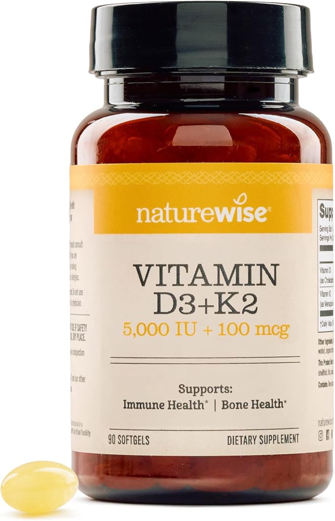 NatureWise Vitamin D3 5000IU + K2 (MK7) 100mcg with Organic Extra Virgin Coconut Oil - Supports Calcium Absorption, Bone & Immune Health - Non-GMO, Soy & Gluten-Free - 90 Softgels[90-Day Supply]