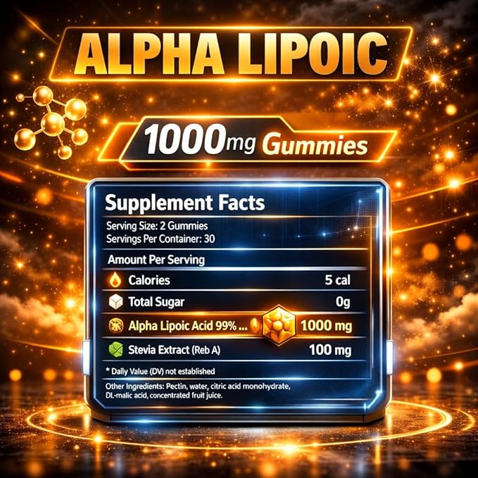 VAITE Alpha Lipoic Acid Gummies 1000mg, ALA Supplement for Brain & Nerve Support, Antioxidant, Energy – Non-GMO, Vegan, Gluten-Free – 60 Chewables for Vitality and Comfort for Men & Women