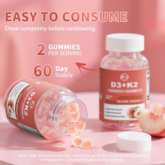 M inch Vitamin D3 K2 Gummies, Vitamin D3 10000IU, K2 (MK-7) 200mcg, 6-in-1 Vitamina D3 Con K2 Supplement with Omega-3, Magnesium and Calcium for Bones, Teeth & Immune Support, Sugar Free, 2 Packs
