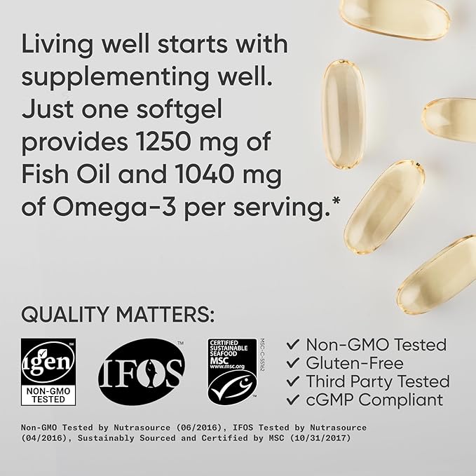 Sports Research Triple Strength Omega 3 Fish Oil 1250mg from Wild Alaskan Pollock - Burpless Fish Oil Supplement with Omega-3 EPA & DHA - Sustainably Sourced, Non-GMO, Gluten Free - 30 Softgels