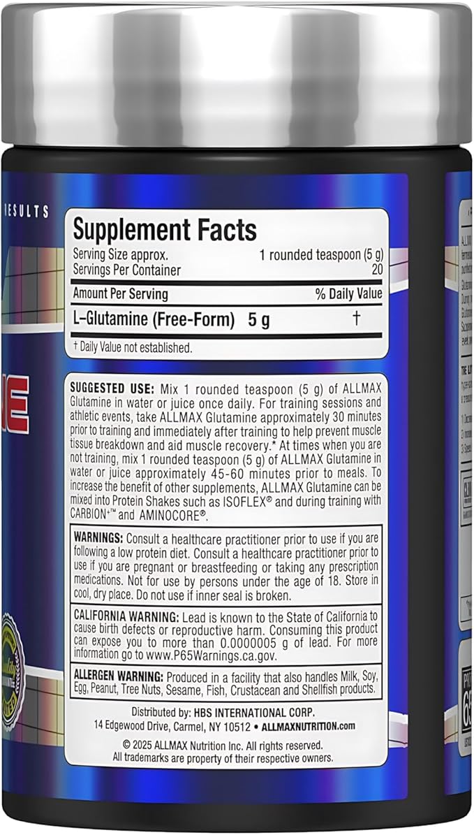 ALLMAX L Glutamine Powder 100g, Fermented L-Glutamine Powder Pure, Unflavored Glutamine Supplement for Gut Health, Recovery & Immune Support, Vegan, Gluten Free