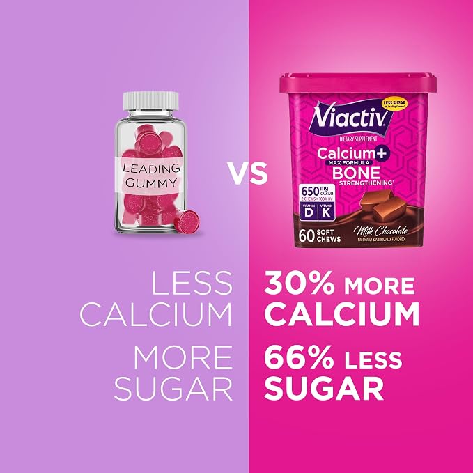 Viactiv Calcium +Vitamin D3 Supplement Soft Chews, Milk Chocolate, 60 Chews - Calcium Dietary Supplement for Bone Health