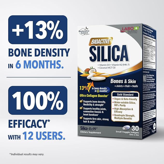 LABO Nutrition Bioactive Silica – Hair, Skin, Nails, Collagen Formation, Joint & Bone Strength – Support Bone Health & Collagen Booster– 99% Purity Rice-Derived Silica Supplement, 30 Vegan Softgel x 3
