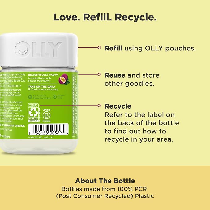 OLLY Daily Energy Gummy, Caffeine Free Cellular Energy Production,* Vitamin B12, CoQ10, Goji Berry, Adult Chewable Supplement, Tropical Passion Flavored, 60 Day Supply - 120 Count