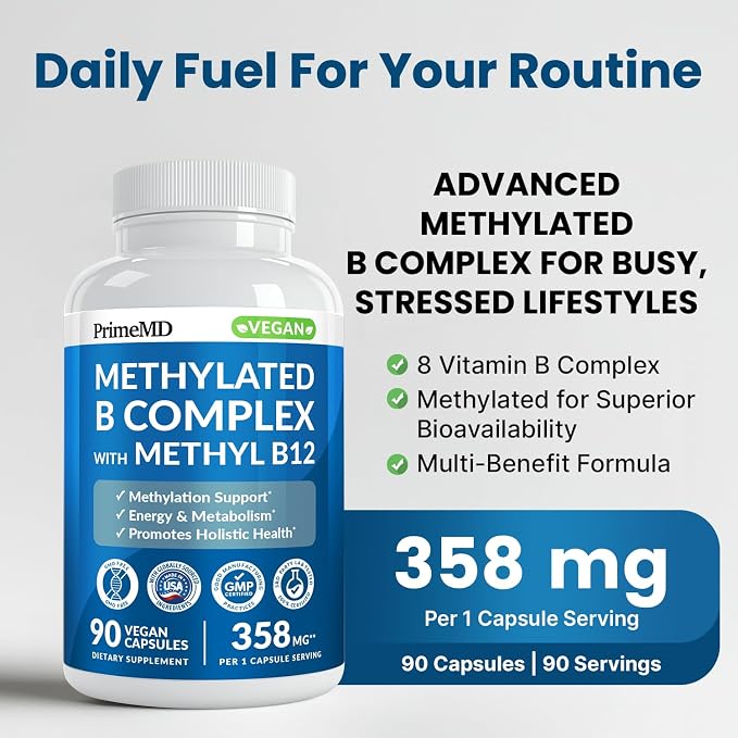 Methylated B Complex with Methylfolate and B12 Methylcobalamin 1000 mcg - Methylated Multivitamin for Energy, Brain Function, and Wellness - Vitamin B Complex for Men & Women (90 Servings) (Pack of 1)