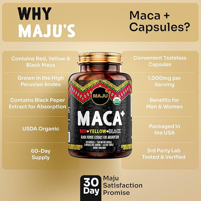 Maju Superfoods 4-in-1 Maca Root Capsules, Organic Black, Yellow & Red Roots w Black Pepper Extract for Absorption (120 ct) | Peru Product, Peruvian Powder, Men & Women Supplement, 60,000 mg