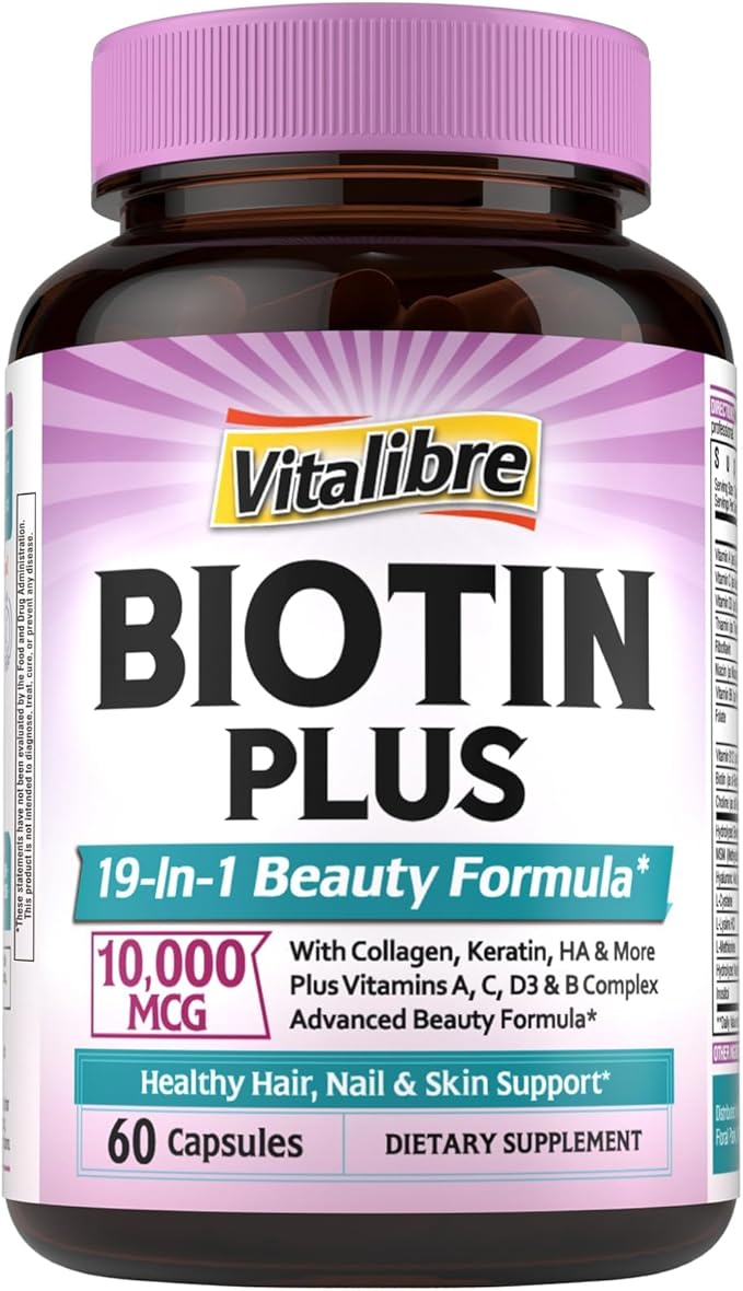Biotin 10000mcg, Vitamin B7, Hydrolyzed Keratin, Hyaluronic Acid, Collagen, Amino Acids, MSM, Vitamins A, C, D3, B Complex, Hair, Nail, Skin, for Women & Men, 60 Caps