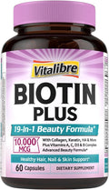 Biotin 10000mcg, Vitamin B7, Hydrolyzed Keratin, Hyaluronic Acid, Collagen, Amino Acids, MSM, Vitamins A, C, D3, B Complex, Hair, Nail, Skin, for Women & Men, 60 Caps