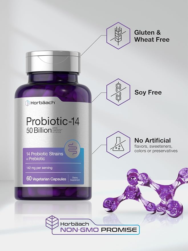 Horbaach Probiotics for Women and Men | 60 Capsules | 14 Probiotic Strains with Prebiotic | 50 Billion Active Organisms | Non-GMO & Gluten Free Supplement