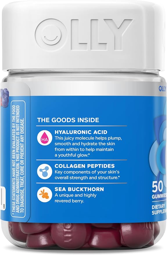 OLLY Glowing Skin Gummy, Hydrated & Youthful Skin,* Hyaluronic Acid, Collagen Peptides, Sea Buckthorn, Plump Berry Flavor, 25 Day Supply - 50 Count (Pack of 2)