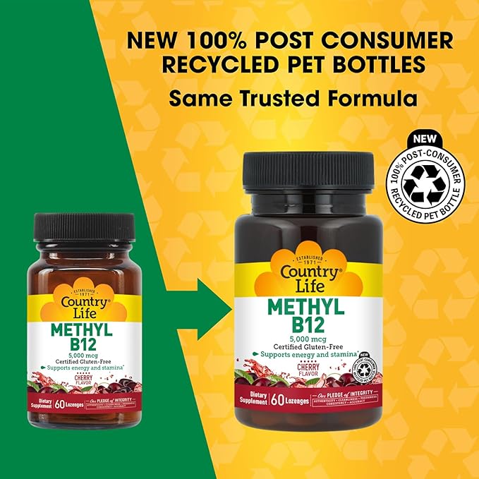 Country Life Methyl B12, Supports Energy & Stamina, 5,000mcg, 60 Lozenges, Certified Gluten Free, Certified Vegan, Certified Non-GMO Verified