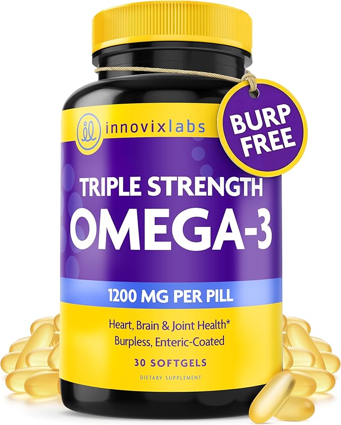 InnovixLabs Triple Strength Omega 3 Supplement, Burpless Fish Oil for Women and Men - 900 mg EPA & DHA, Brain & Joint Support, Award Winning & Third-Party Tested, 30 Softgels