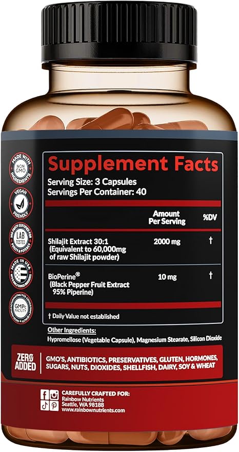 Pure Himalayan Shilajit Capsules Supplement (2,010mg + Absorption Enhancer+50% Fulvic Acid) Natural 30:1 Shilajit with 85+ Trace Minerals for Energy, Performance, Immune Support| Non GMO| 120 Pills