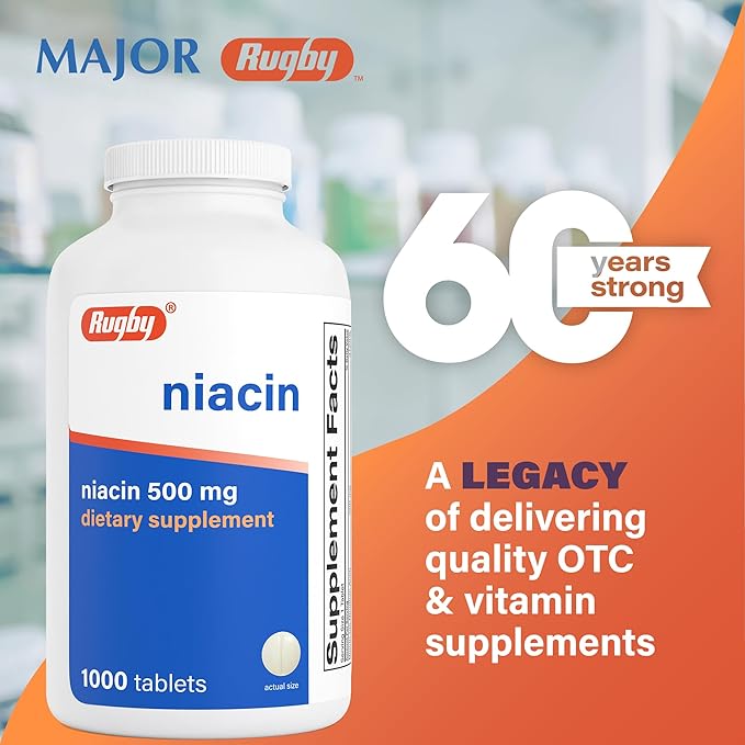 Rugby Niacin 500mg - Vitamin B3 Supplement for Men and Women - 1,000 Tablets (1-Pack)