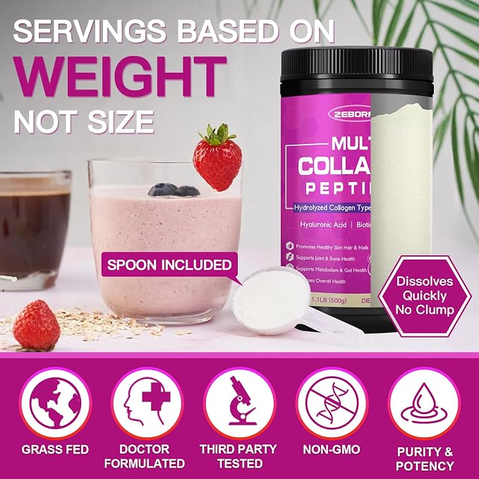 ZEBORA Collagen Peptides Powder 50 Servings - Hydrolyzed Multi Collagen Type I II III V X with Hyaluronic Acid, Biotin, Vitamin C - Support Skin Hair Nail Joints Unflavored, Keto & Paleo Friendly