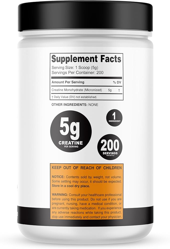 It's Just! - Creatine Monohydrate Powder, Pure Creatine Powder, Made in USA, 3rd Party Lab Tested, 5g Per Serving, Scoop Included, No Fillers, No Added Flavor (Unflavored, 1000g / 200 Servings)